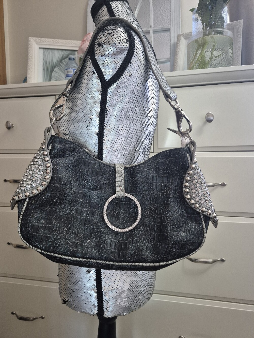 Y2K Blue Elegance Glam Snakeskin Snake Accent Leather Embossed Hobo Shoulder Bag